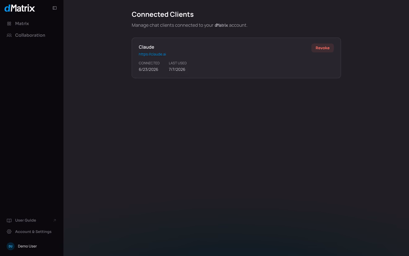 The Connected Clients settings page with one connected client listed.