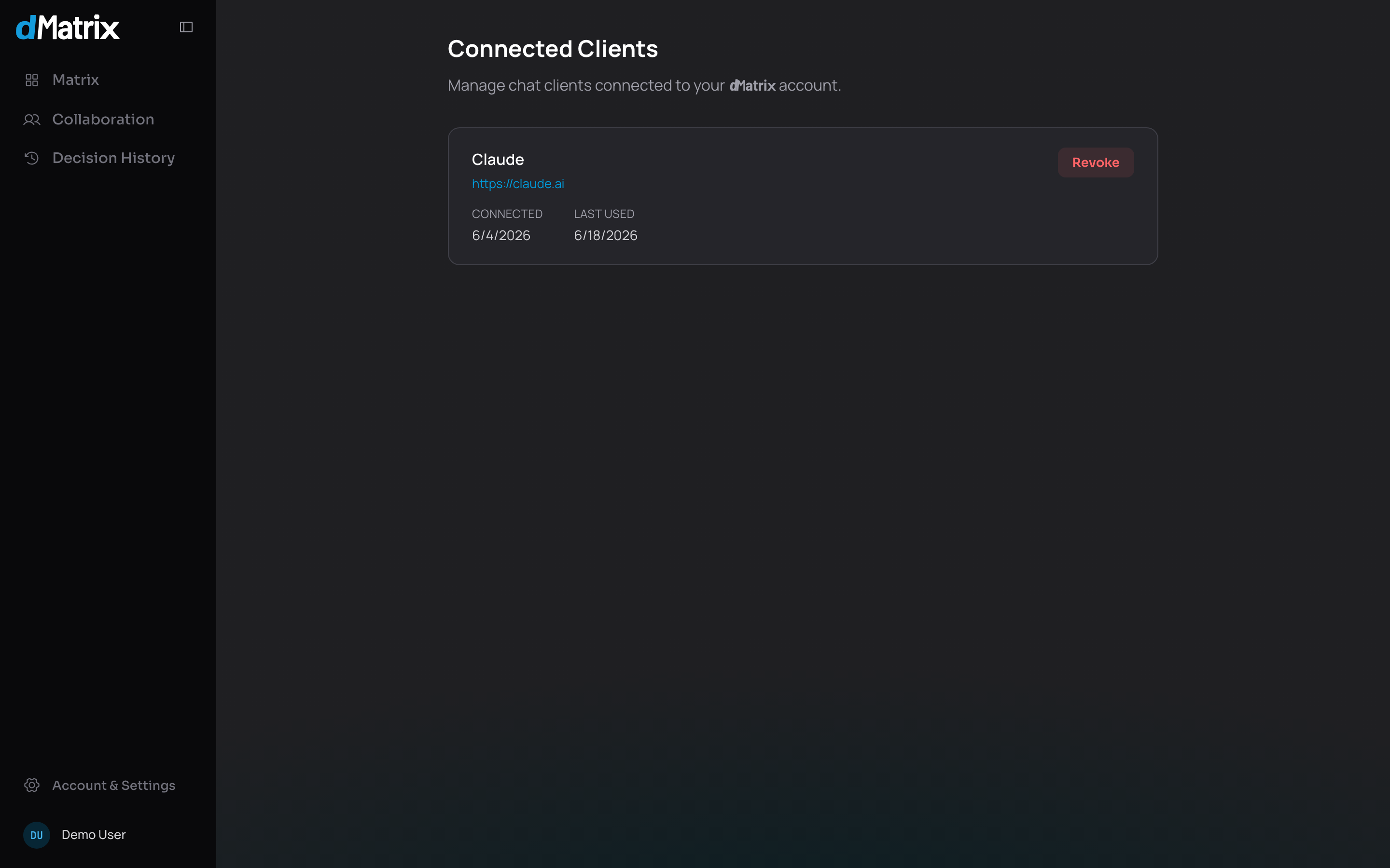 The Connected Clients settings page with one connected client listed.